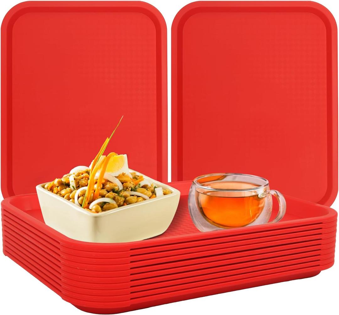 Fast Food Tray,12 Pack Plastic Serving Tray, Restaurant & Cafeteria Tray for Kitchen, Coffee Table, Party, Durable Non-Slip Black Food Trays, Reusable & Stackable,13.8x10.5 Inch (Red)