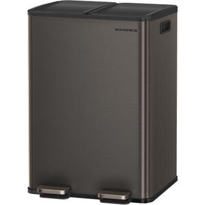 SONGMICS Garbage Can, 2 x 8 Gallon (2 x 30 L) Dual-Compartment Garbage Can with Soft-Close Lid, Pedal and Inner Buckets, Stainless Steel, Includes 15 Liner Bags, Slate Gray ULTB741G01
