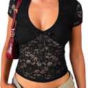Womens Lace Tops Going Out Summer Short Sleeve V Neck Mesh Sheer Crop Shirts Cute Y2K Trendy Outfits 2026 (Black, L)