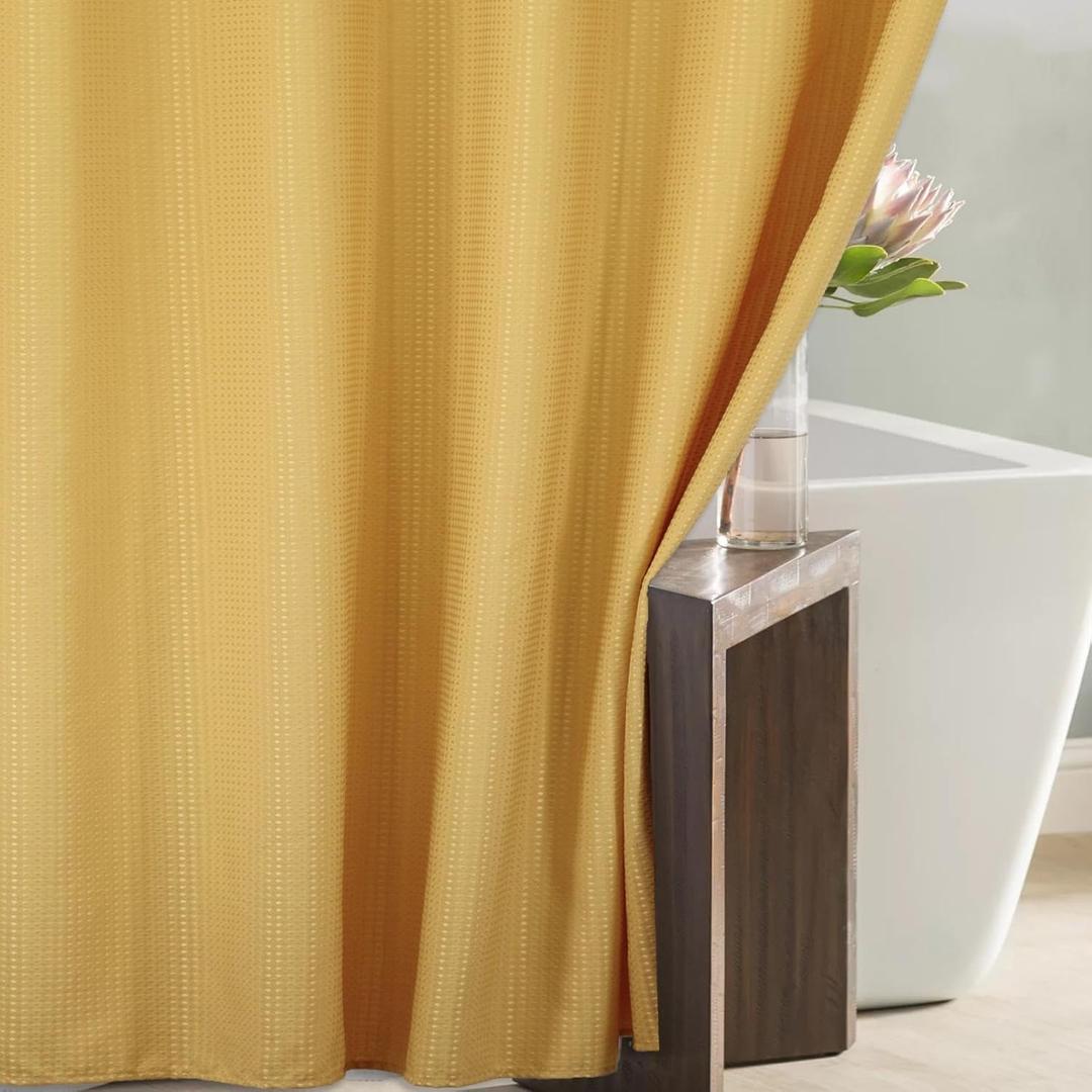 Yellow Gold Long Shower Curtain: 78 Inch Long Waffle Weave Heavy Duty Fabric Shower Curtains for Bathroom - 256 GSM Water Repellent Washable Thick Polyester Cloth Bath Curtain - 72x78