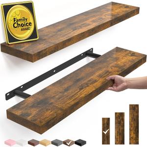 BAYKA Floating Shelves Set of 2, 22.5 inches Farmhouse Rustic Wood Wall Mounted Shelves for Bathroom, Bedroom, Living Room or Kitchen, Hanging Shelf Decor Book with 22lbs Capacity, Rustic Brown