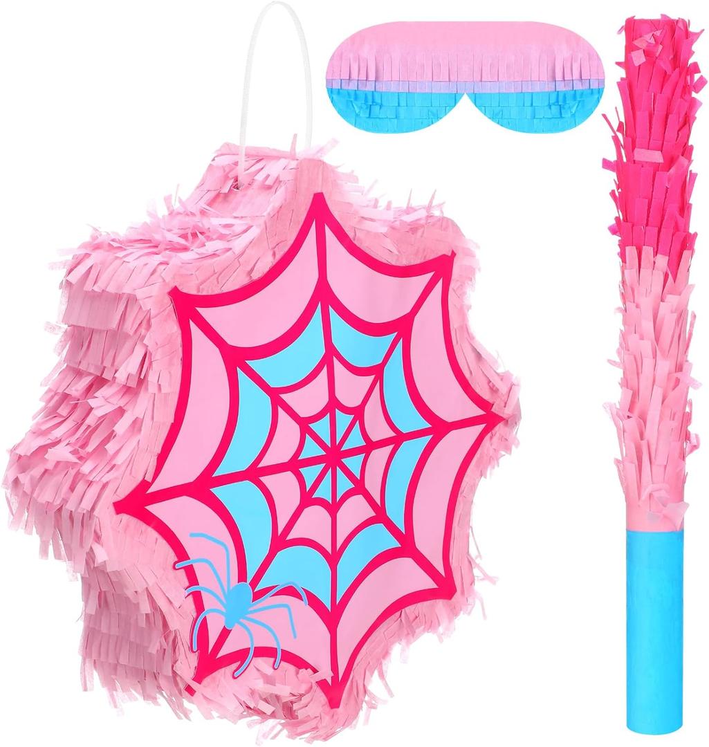 Pink Spider Pinata Spider Pinata with Blindfold Stick and Confetti Spiderweb Ghost Birthday Party Decoration Game Supply 12 x 12'', Small, Fillable for Candy and Treats