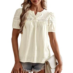 Womens Tops V Neck Short Sleeve Blouses Casual Flowy Button Up Shirts Embroidered Lace Boho Clothing Trendy (M)