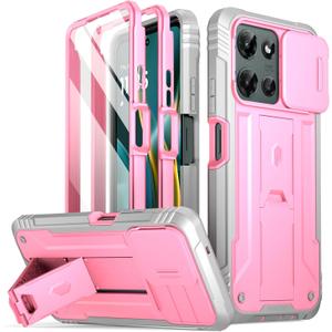 Poetic Revolution Case for Motorola Moto G 5G 2025, [Slide Camera Cover], Full-Body Military Grade Rugged Shockproof Cover with Kickstand and Built-in-Screen Protector, Pink