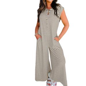 Womens Striped Jumpsuit Sleeveless Button Down Wide Leg Jumpsuit One Piece Rompers Pants with Pockets, Small 