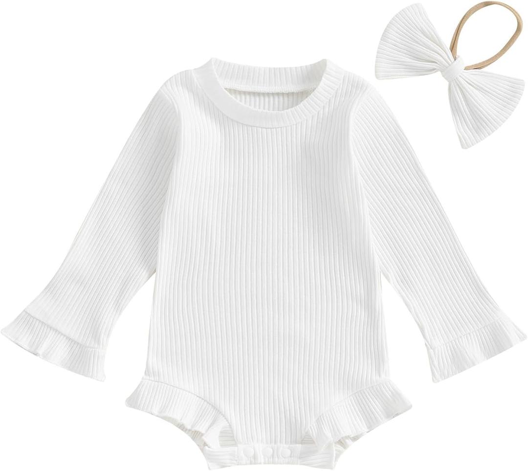 fhutpw Newborn Baby Girl Oversized Sweatshirt Romper Ruffle Long Sleeve Crewneck Onesie Sweater Tops Infant Fall Clothes (6-9 Months, Ribbed Knit- White)