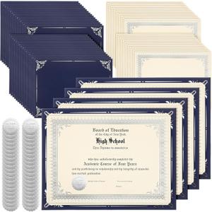 Fainne 100 Sets Certificate Paper Kit Single Sided Awards Holder with Foil Border for 8.5 X11 Certificate Covers Foil Award Seals Stickers Diploma Covers(Navy Blue with Silver Foil)