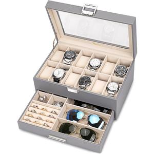 Voova Glass Top Watch Storage Case, Jewelry Organizer, Gray | 2-layer PU leather watch organizer with 12 slots and glass lid for watches, sunglasses, rings and necklaces