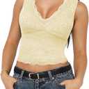 SAUNGKUAI Women's Sexy V Neck Sleeveless Tops Lace Trendy Double Lined Going Out Shirts Blouse (Yellow, L)