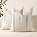 Hckot Hand Made Throw Pillow Covers 16x16 Set of 2 Striped Pillow Covers Textured Linen Decorative Pillows Square Cushion Covers for Sofa Couch Bed Living Room Farmhouse Decor