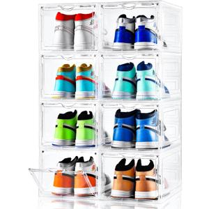 Clemate Upgraded X-Large Shoe Storage Box,8 Pack,Shoe Box Clear Plastic Stackable,Drop Front Shoe Box with Clear Door,Shoe Organizer and Shoe Containers For Sneaker Display,Fit up to US Size13