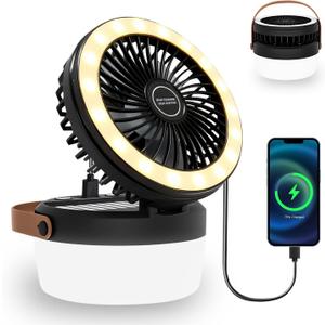 Solar Camping Fan Rechargeable Camping Light, Folding Solar Powered Fan for Outdoors, Portable outdoor Lights with USB Output for Camping Tent, Mountain, Emergency (Black)