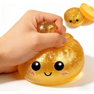 Dumpling Squishies, Glitter Dumpling Mystery Box, 2026 Upgraded Dumplings Stress Balls Fidget Sensory Balls, Squeeze Dough Ball Stress Relief Hand with Food Steamer, Relaxation Gift (Glitter Yellow)