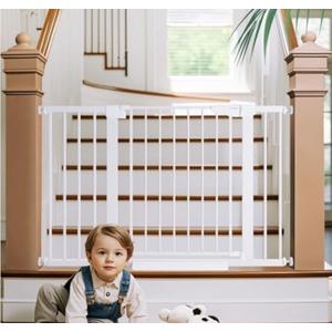 Cumbor 29.7-48" Baby Gate for Stairs, Mom's Choice Awards Winner-Dog Gates for Doorways, Auto Close Safety Pet Gate for Dogs Indoor, Easy Install Pressure Mounted Child Gate with Walk Thru Door, White