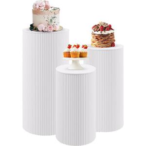 JALANCY Metal Pleated Cylinder Pedestal Stands for Party, 3 Pieces Heavy Duty Round Cake Pedestal Stand Display Plinth Pillars Art Decor for Wedding Ceremony Birthday Party（Large, White）