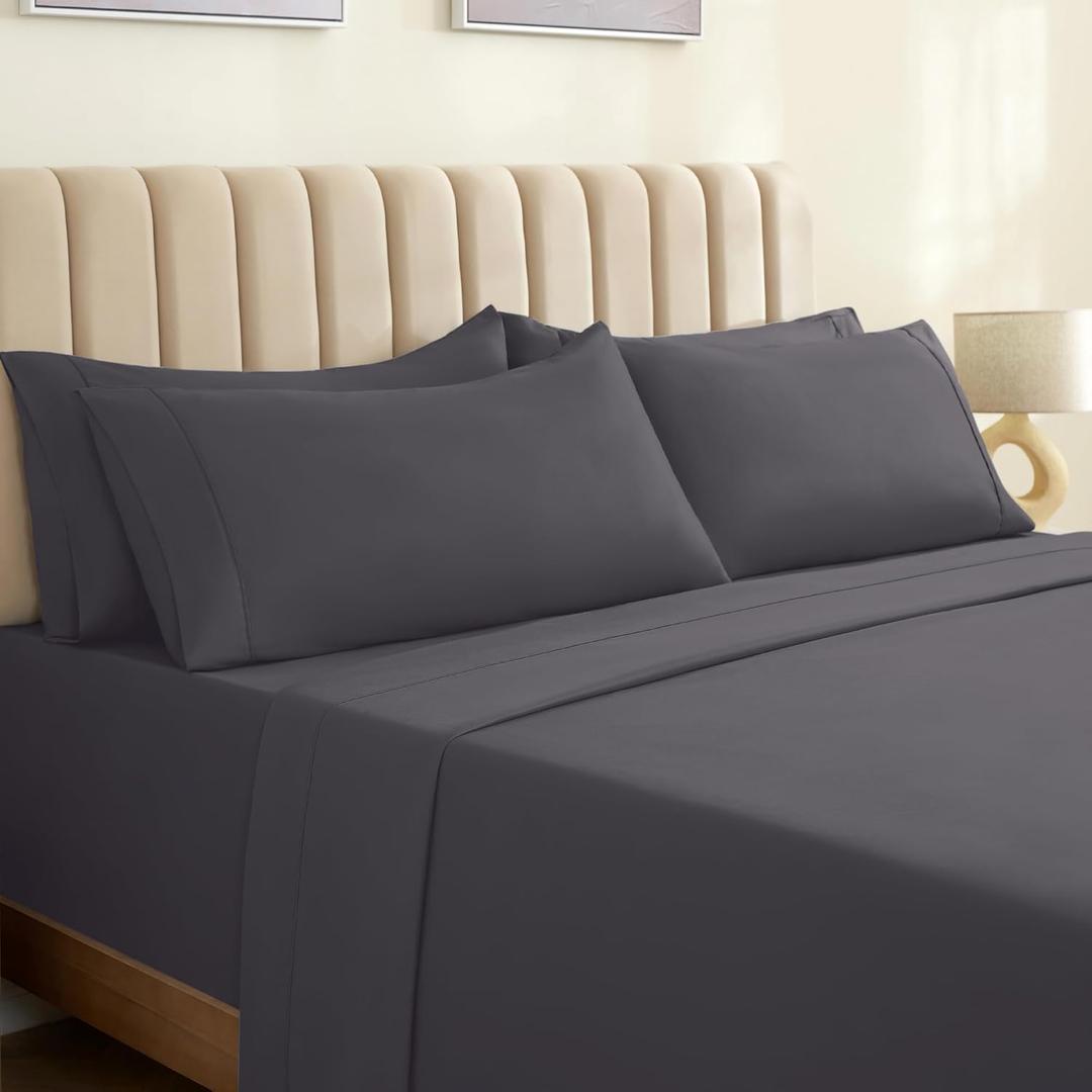 LuxClub 6 PC King Size Sheet Set Sheets Deep Pockets 18" Eco Friendly Wrinkle Free Cooling Sheets Machine Washable Hotel Bedding Silky Soft - Dark Grey King