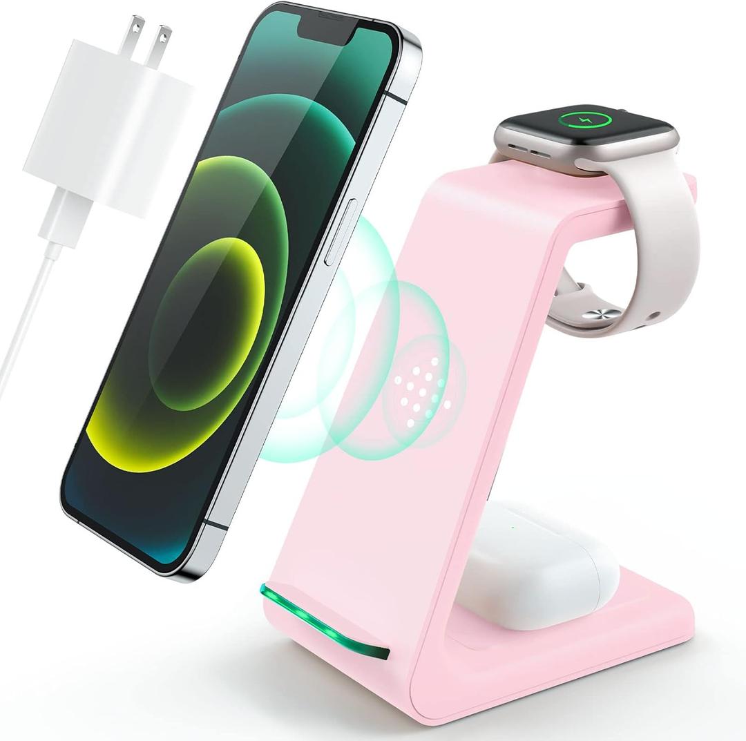 3 in 1 Wireless Charging Station, 2026 Upgraded Fast Desk Charger Station for iPhone 17 16 15 14 13 12 Pro Max Plus, Charger Stand for Apple Watch 10 9 8 7 6 5 4 3 2 SE, Airpods 4 3 2 Pro(Pink)