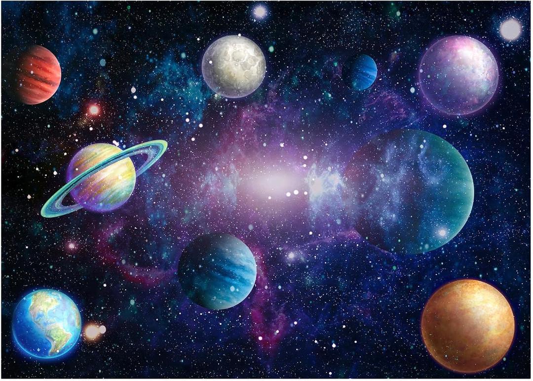 Ladvis Outer Space Backdrop Starry Galaxy Banner for Baby Boys Girls Planet Theme Birthday Party, 95.6"x70.8" Nebula Photography Background Photoshoot Decorations Photo Studio Props Cake Table Decor (Blue)