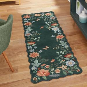 Lahome Floral Small Rug, 2x4 Kitchen Rugs Non Slip Washable Rug Ultra-Thin, Soft Front Door Mat Indoor Entrance Stain Resistant Boho Low-Pile Carpet for Bathroom Bedroom(2x4ft,Dark Green)