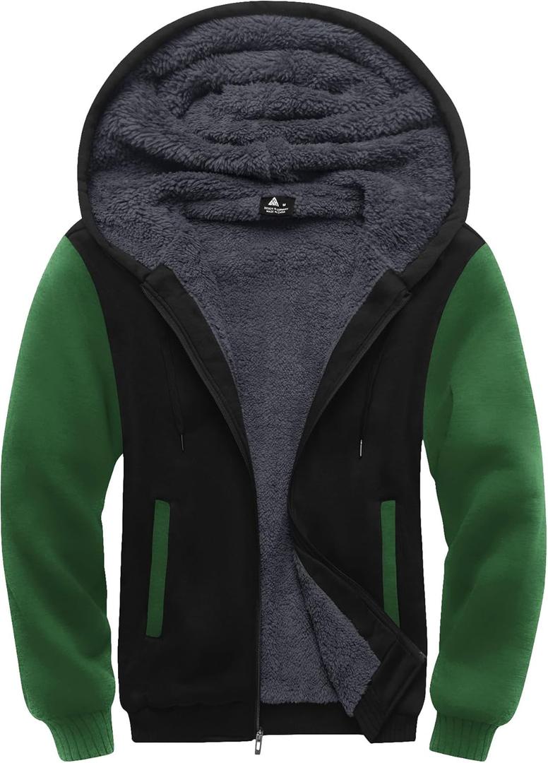 SCODI Hoodies for Men Heavyweight Fleece Sweatshirt - Full Zip Up Thick Sherpa Lined Hooded Jacket (Large, Black Grass green)