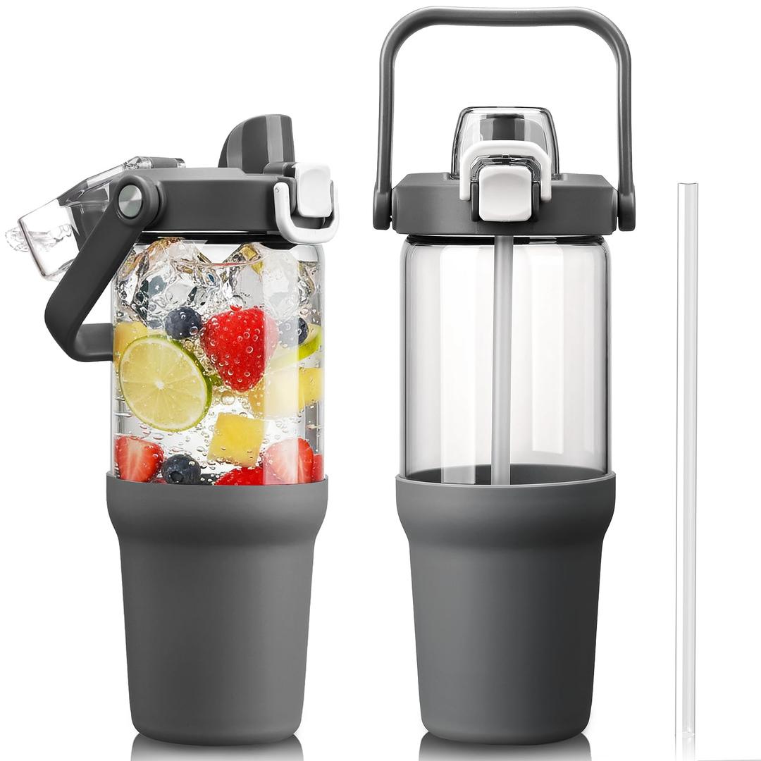HYDRAGLAZIC Glass Tumbler with Carry Handle, Clear Glass Water Bottle with Leakproof Lid, Spout Lid&Straw, BPA-Free, 32 oz, Grey