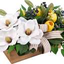 Spring Flowers Centerpiece for Table Decor, 20" L Lifelike Artificial Magnolia Tulip in Rectangular Wood Box, Lush Spring Eater Faux Floral Arrangement Farmhouse Mantel Shelf Kitchen Island Decor
