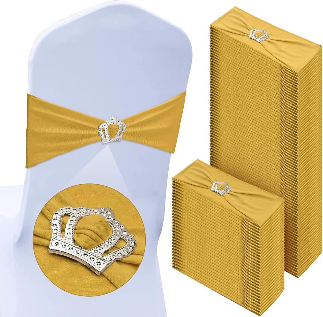 VitalCozy 100 Pcs Spandex Chair Sashes with Crown Buckle Slider Stretch Chair Bands Cover Ties for Wedding, Banquet, Gala, Corporate Event, Birthday Party, Baby Shower(Gold)