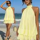 AXX Women's Chiffon Halter Mini Dress Backless Ruffle A-Line Yellow | Lightweight fabric; summer parties; wedding guests; date nights; adjustable tie back; breezy flowy fit (Yellow, M)