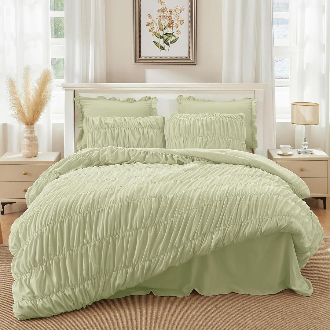 Sage Green King Size Comforter Set - Boho Fluffy Ruched Bedding Comforter Set with 2 Pillowcases, 3 Pieces Soft Shabby Chic Ruffle Bed Set for All Season