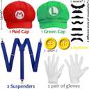 Humairc Super Bros Hats Accessories Set Mary Luigy Caps, Mustaches, Suspenders, Gloves Buttons Halloween Cosplay Costume