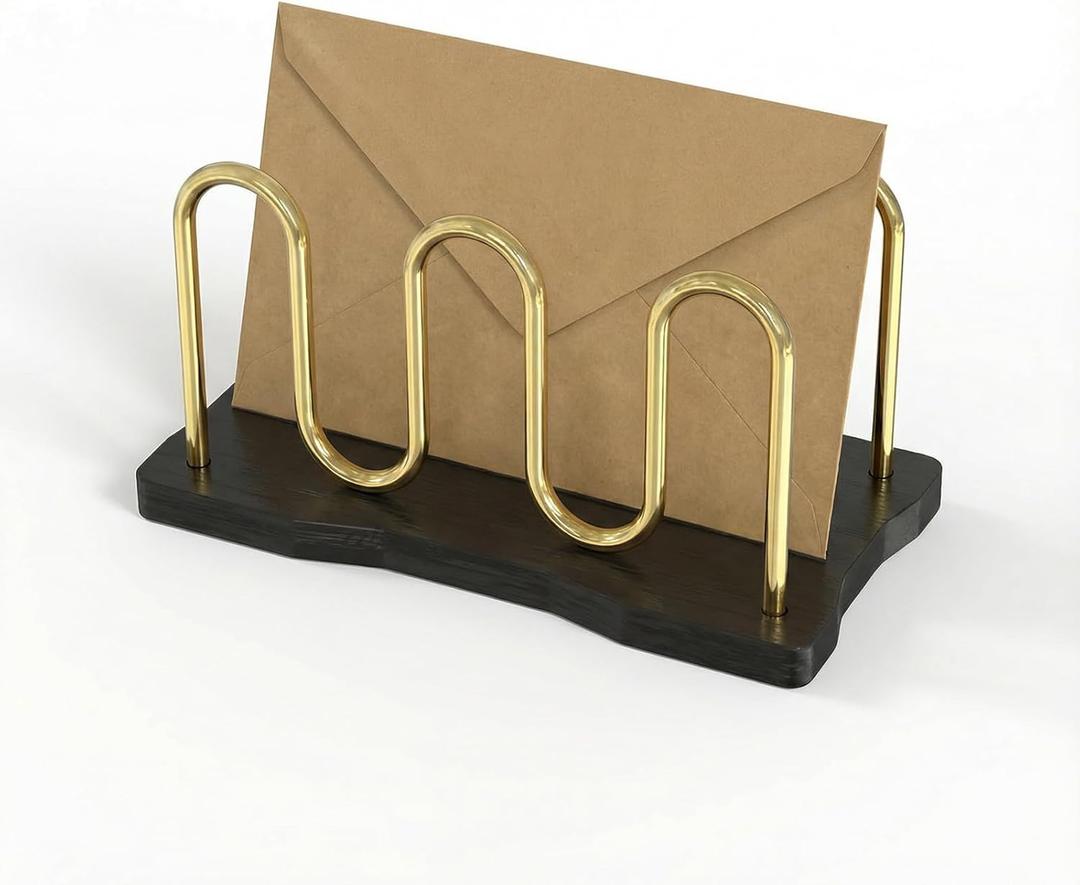 Mail Holder Organizer Countertop, Metal Mail Sorter for Desk, Cutout Mail Storage Bills Organizer Letter Tray Design with Bamboo Base for Home Office (Black)