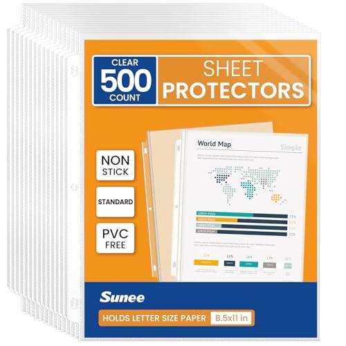 SUNEE Sheet Protectors 500 Packs for 3 Ring Binder, PVC-Free Clear Page Protectors 8.5x11 Inches Plastic Cover for Paper, Documents, Photos, Top Loading Binder Sleeves Letter Size