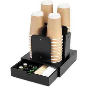 Coffee Station Organizer for Countertop, Coffee Bar Accessories and Organizer,4 Compartment Disposable Cup and lid Dispenser storage basket for coffee pod straw,Bamboo (Black)