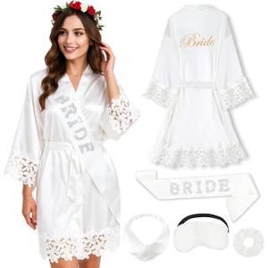 EPLAZA Bride Robe for Wedding Day Set Bridal Robe with Bride Sash Lace Trim Silky Embroidery Satin Kimono for Bridal Party (Small-Medium, White)