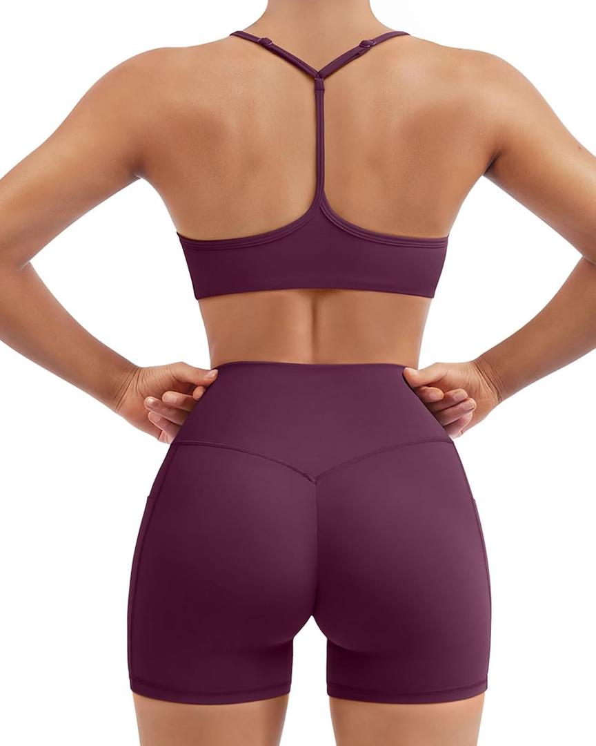 SUUKSESS Workout Sets for Women Y Back Sports Top Padded Racerback Yoga Crop Tank High Waisted Bike Short with Pockets (Red, M)
