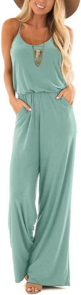 Lacozy Womens Casual Loose Sleeveless Spaghetti Strap Wide Leg Pants Jumpsuit Rompers (X-Large, Blue Green)