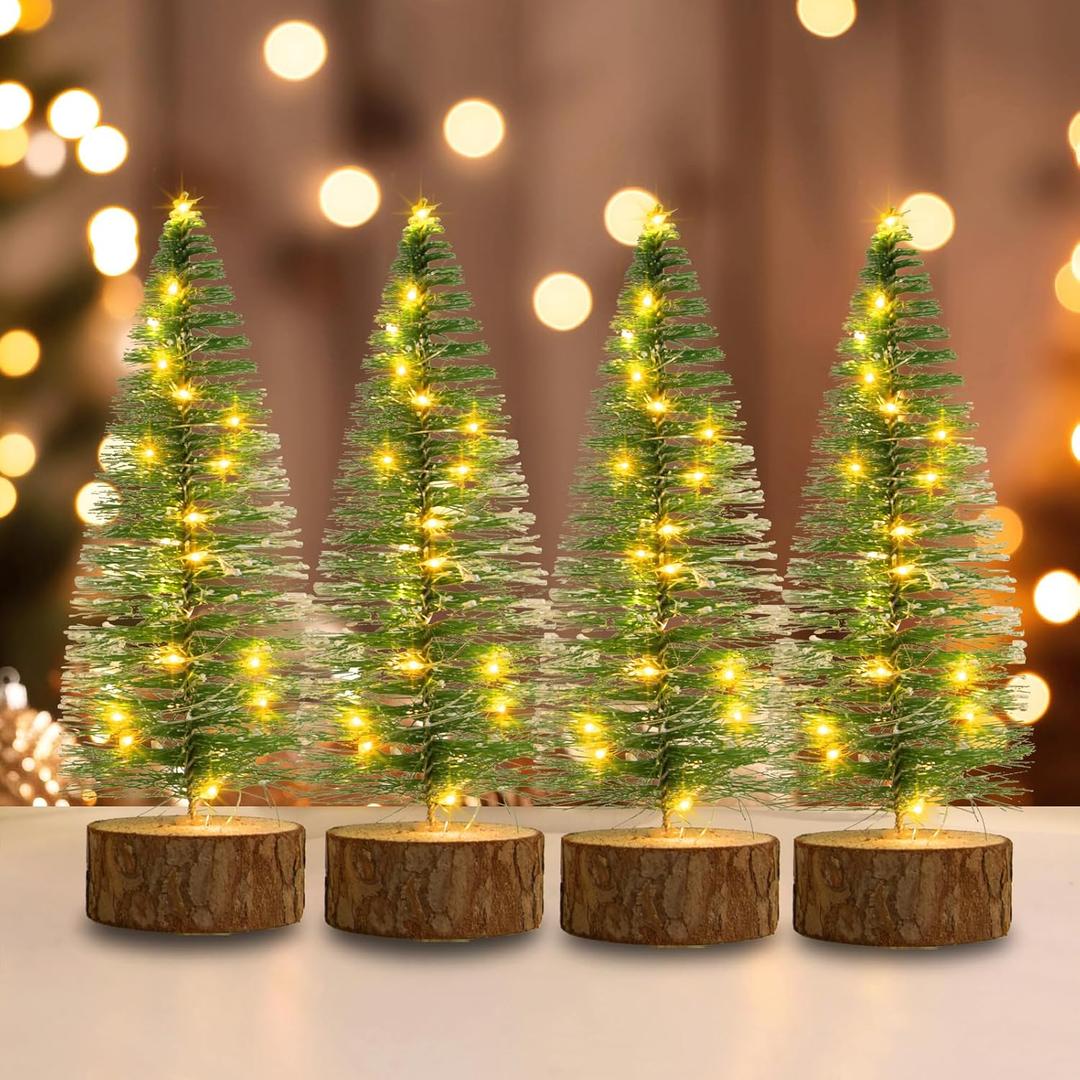 4 PCS Artificial Mini Christmas Trees, 7.9IN Bottle Brush Trees with 2 Modes Timer LED String Lights, Button Cell Battery Powered Desktop Pine Trees with Wooden Base for Home Xmas Decor (Warm White)
