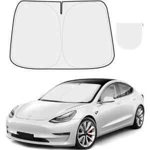 300T Sunshade for Tesla Model Y Model 3, Car Accessories 2026 for Tesla, Front Window Sunshade with Organizer Bag, Gifts for Tesla Owners