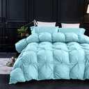 Three Geese Pinch Pleat Waterfowl Feathers and Down Comforter Queen Size Duvet Insert,750+ Fill Power,1200TC 100% Cotton, Premium All Seasons Aqua-Sky Warm Hotel Comforter with 8 Tabs.