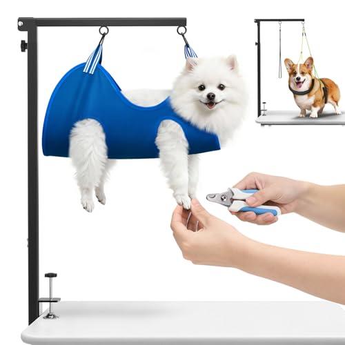 Ruiony Dog Grooming Arm with Clamp and Grooming Hammock, Adjustable Height 27"-42", Foldable Dog Grooming Table Arm with No-Sit Holder, Dog Grooming Stand for Small Medium Dogs at Home, M