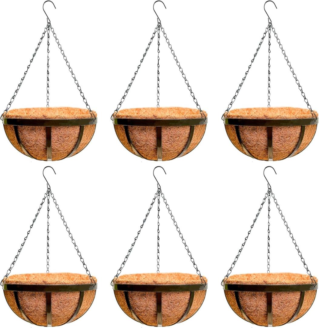 LaLaGreen Outdoor Hanging Baskets for Plants (6 Pack, 12 Inch) Medium Hanging Planter with Coco Liner, Flat Iron Metal Round Plant Flower Pots for Deck Patio Porch Garden Balcony Outside Decoration