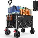 Collapsible Wagon Cart, 150L Heavy Duty Foldable Beach Wagon with Wider Wheels & Auto-Rebound Handle, Utility Grocery Shopping Cart for Garden, Shopping, Camping, Sports, Black (Large)