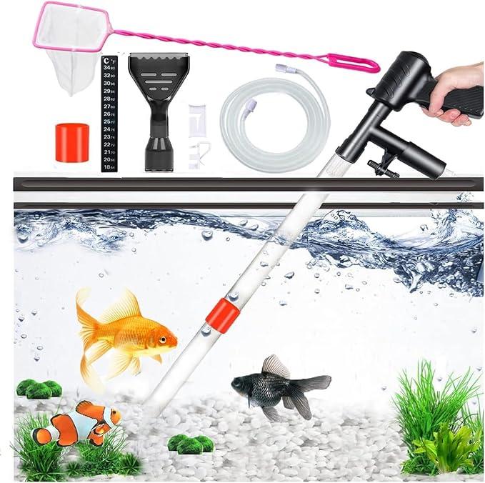 Fish Aquarium Gravel Cleaner 15~30In with 6Ft Water Hose Fish Tank Water Changer Sand Vacuum with Skimmer Net and Long Handle Sponge Brush Algae Scraper