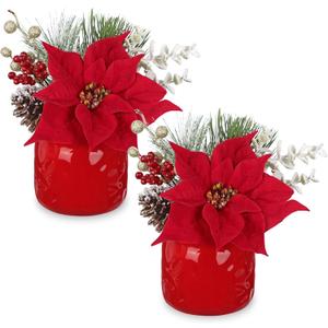Artificial Christmas Floral Arrangement with Velvet Poinsettia Pinecones Berries Greenery Faux Flower Centerpiece in Ceramic Pot Holiday Arrangement for Home Mantel Xmas Dining Table Decor (Red#2)