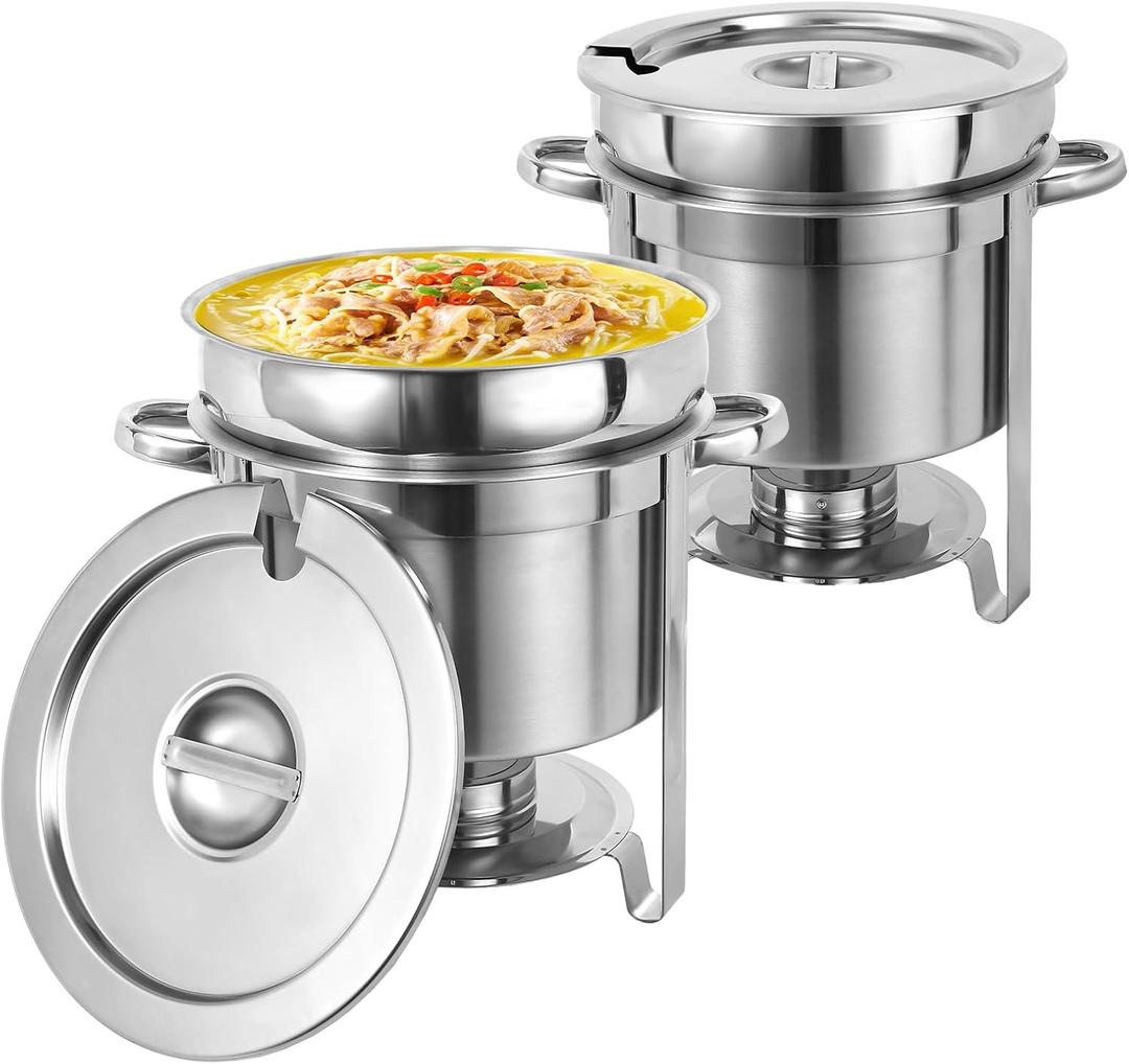 Soup Chafer 7QT Large Capacity Soup Chafer Sets of 2, Stainless Steel Round Soup Warmer w/Pot, Notched Lid & Fuel Holder, Catering Marmite for Party, Buffet, Event & Commercial Food Service (7QT-2 Pack)