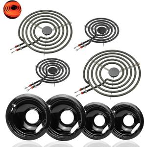 W10290350 W10290353 Range Stove Top Porcelain Drip Pans & MP22YA Electric Range Burner Element Unit Set Fit for Am-ana Whir-lpool Electric Range Stove Burner Drip Pans Set by Fetechmate (BLACK)