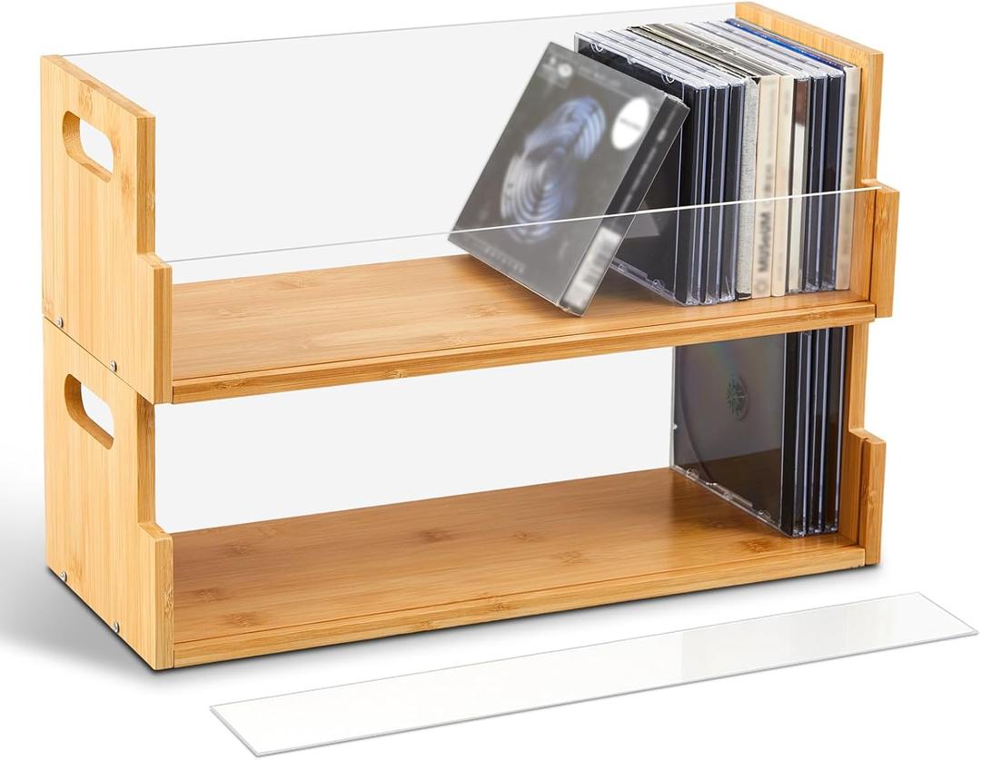 CroBlissful 2 Set Wooden Cd Storage Box Display Holder Shelf Bamboo & acrylic Visible Racks with Carrying Handles, Cassette Tape Organizer Shelf for Movie Case, Store up to 60 Pcs Cds