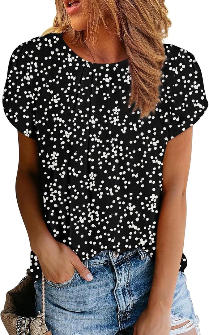 Dokotoo Women's Casual Round Neck Basic Pleated Tops Short Sleeve Loose Fit Curved Keyhole Back Chiffon Blouses Tshirts (Large, Black Print)