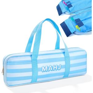 Mahjong Rack Storage Bag 20.5 x 6.7 x 2.36 Inch, Blue Stripe | 4 Independent Compartments, 1 Front Pocket, For Tiles and Racks, For Game Nights, Travel, Parties and Outdoor Gaming，Only Bag