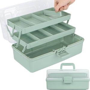 TERGOO 14in 3-Layer Multipurpose Craft Organizers and Storage with Adjustable Dividers, Portable Tackle Box, Folding Art & Craft Case for Medicine, Tool, Sewing Organizer (Haze Green, X-Large)